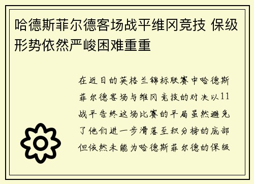 哈德斯菲尔德客场战平维冈竞技 保级形势依然严峻困难重重