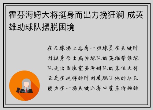 霍芬海姆大将挺身而出力挽狂澜 成英雄助球队摆脱困境