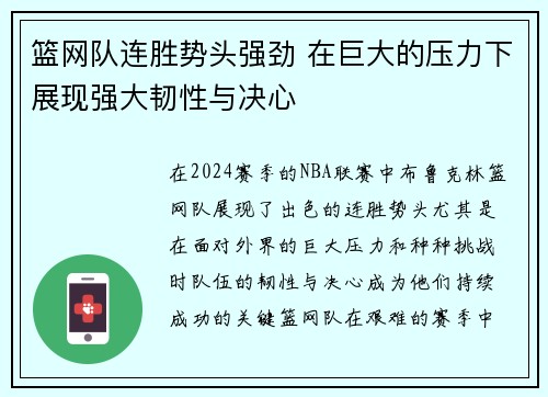 篮网队连胜势头强劲 在巨大的压力下展现强大韧性与决心