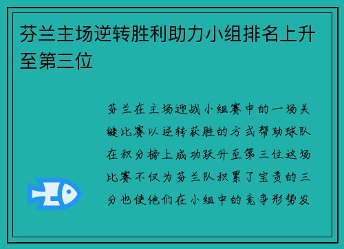 芬兰主场逆转胜利助力小组排名上升至第三位