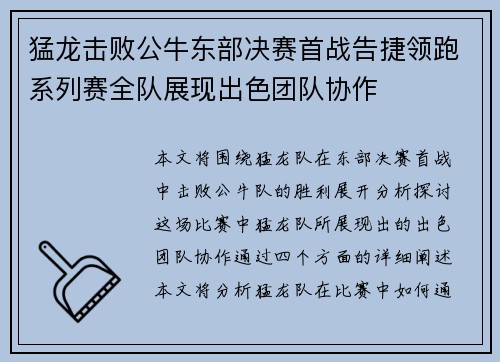 猛龙击败公牛东部决赛首战告捷领跑系列赛全队展现出色团队协作
