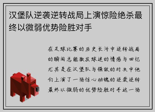 汉堡队逆袭逆转战局上演惊险绝杀最终以微弱优势险胜对手