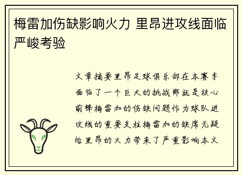 梅雷加伤缺影响火力 里昂进攻线面临严峻考验
