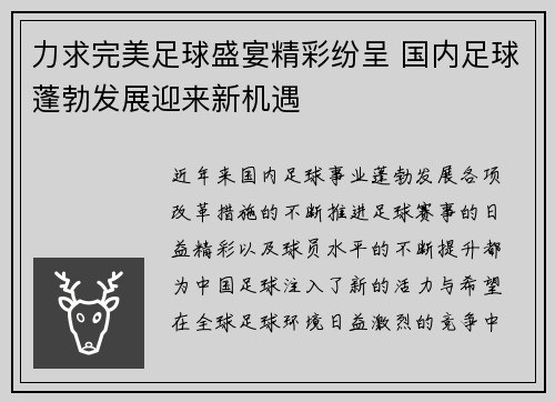 力求完美足球盛宴精彩纷呈 国内足球蓬勃发展迎来新机遇