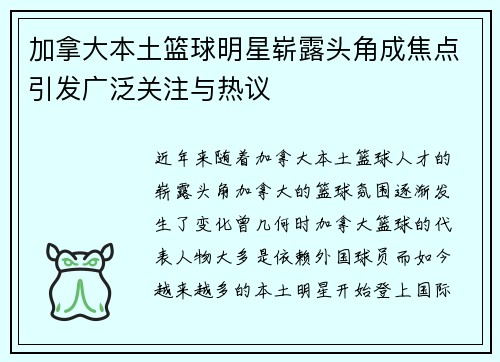 加拿大本土篮球明星崭露头角成焦点引发广泛关注与热议