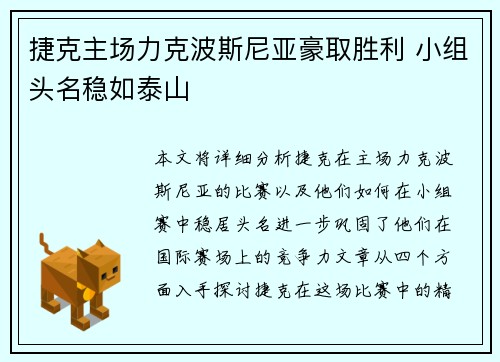 捷克主场力克波斯尼亚豪取胜利 小组头名稳如泰山
