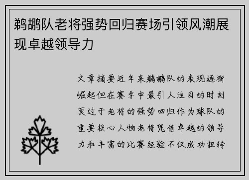 鹈鹕队老将强势回归赛场引领风潮展现卓越领导力